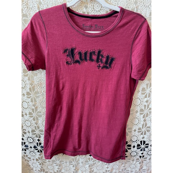 Lucky Brand Tops - Are you getting Lucky tonight Tee Burgundy Red Studded  Logo Cotton Sz M‎